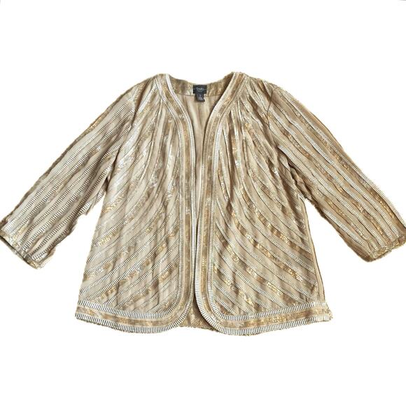 NEW CHICO’S Travelers Gilded Stripe Open Sheer Light Jacket SZ 1 M Tan Metallic - Picture 7 of 12